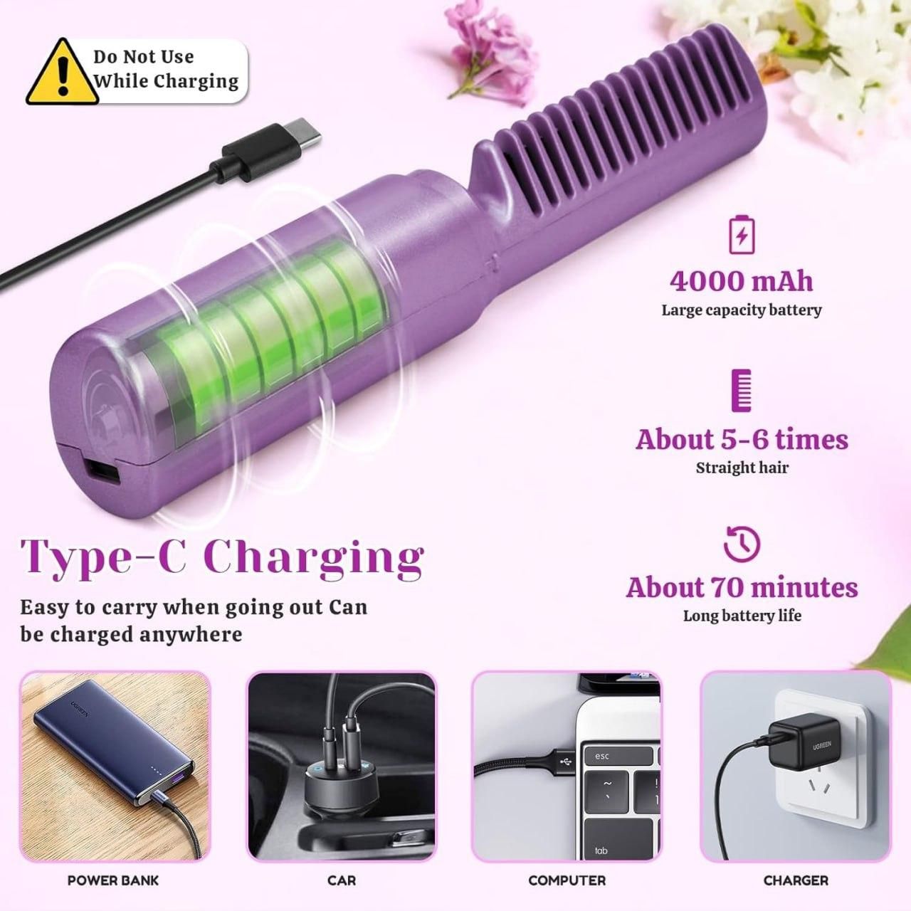 Meneflix Portable Mini Hair Straightener Cordless Rechargeable Mini Adjustable Hair Straightener Hot Comb f8854e-dc